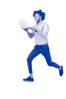 A man on the move with his laptop open. 